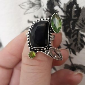 New Black Onyx, Smokey Quartz & Peridot Silver Ring.